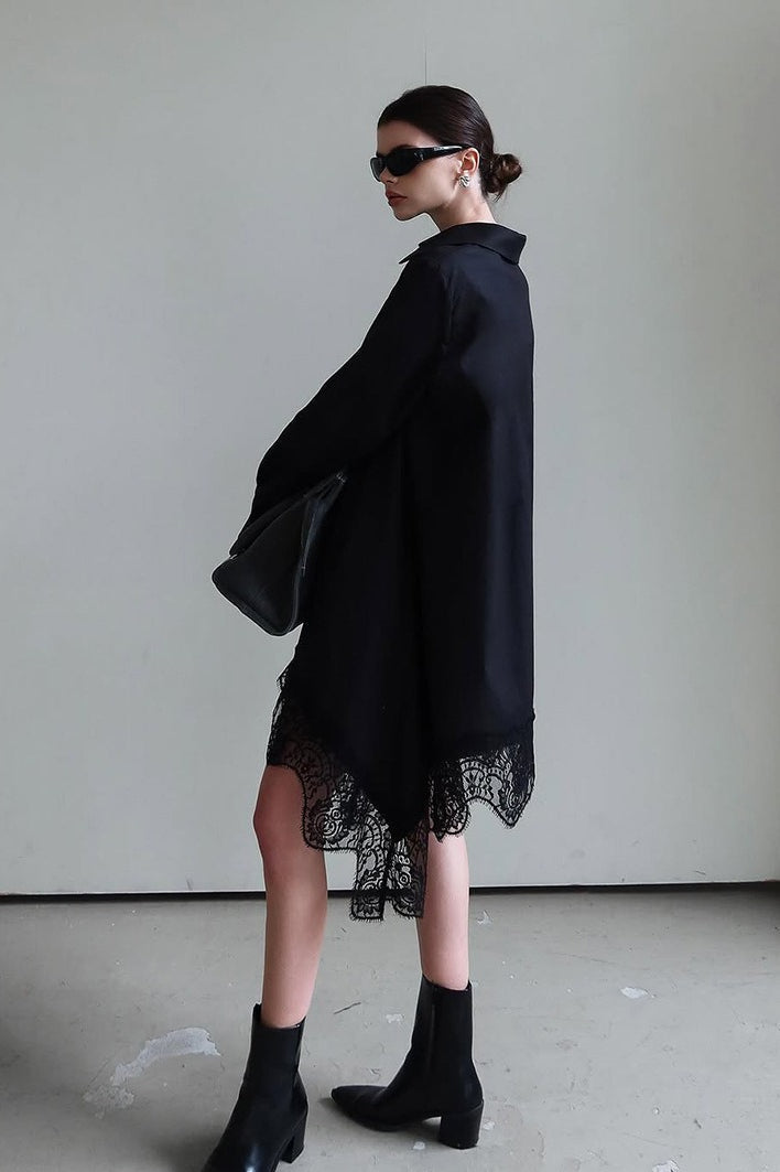Soft Ruffled Lace Asymmetric Shirtdress Long Sleeve Mini Dress - View 6