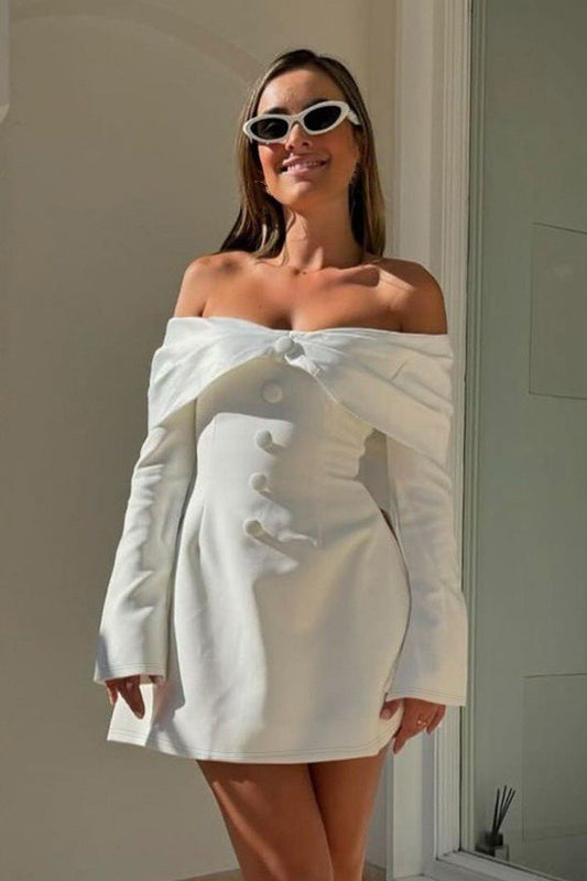 Off Shoulder Long Sleeve Button Front Flared Cuff Blazer Mini Dress 2