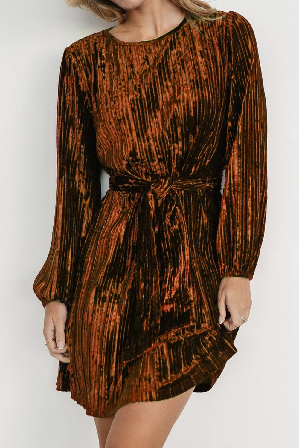 Crushed Velvet Round Neck Long Sleeve Tie Waist Mini Dress 8