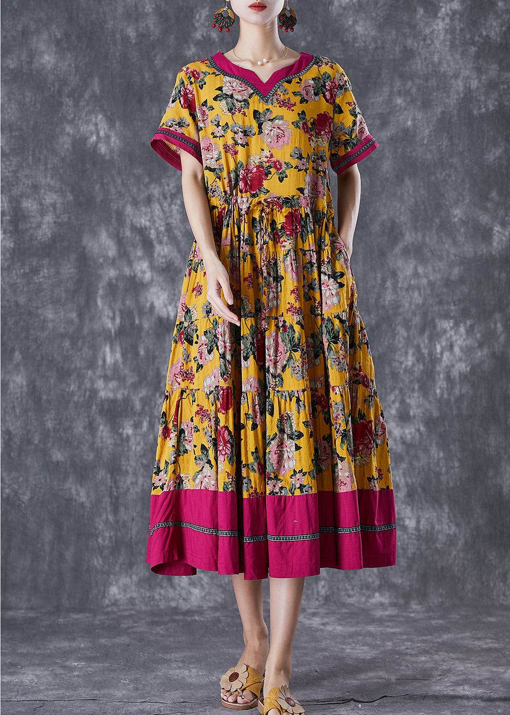 Floral Print V-Neck Contrast Trim Short Sleeve Drawstring Waist Tiered Midi Dress