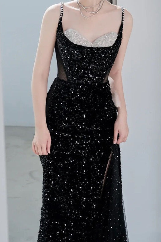 Spaghetti Strap Sequin Beaded High Split Mermaid Prom Gown