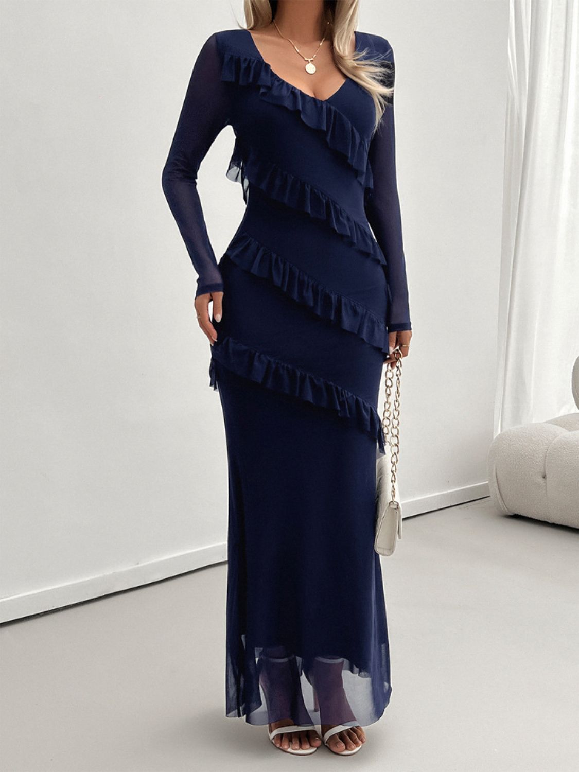 Mesh Surplice V-Neck Long Sleeve Tiered Ruffle Mermaid Maxi Dress 6