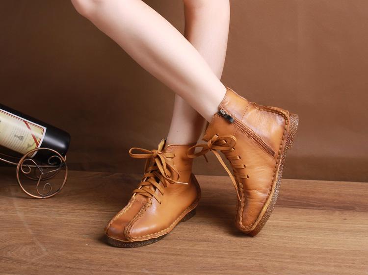 National Style Leather Short Boots For Women Lace Up Green/Black/Brown
