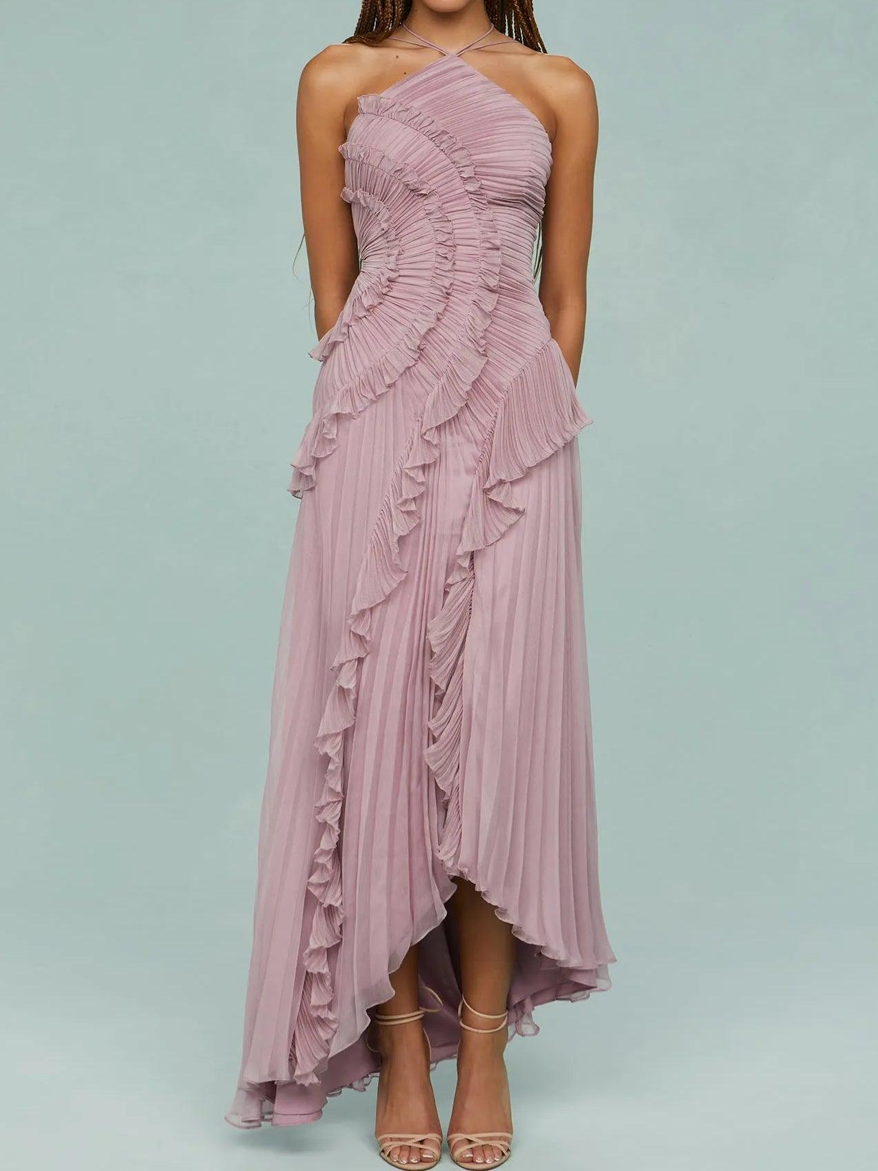 Pleated Suspender Long Dress With Slits Pink