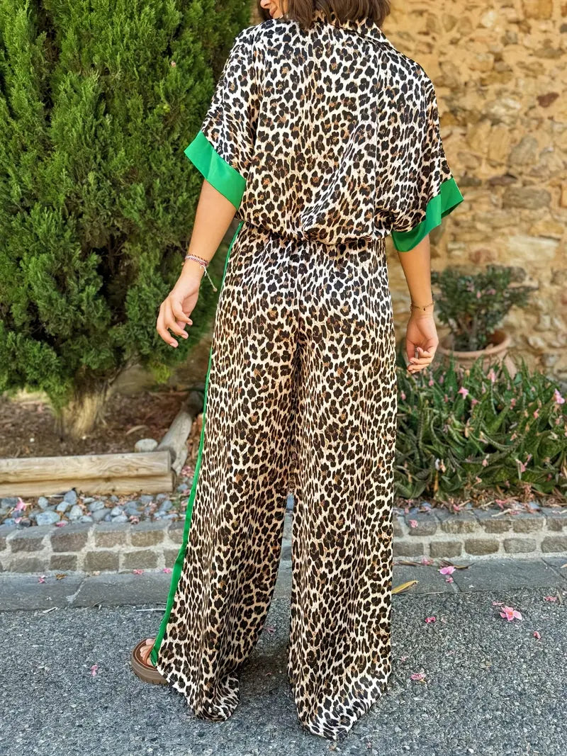 Leopard Print Contrast Trim Shirt and Wide Leg Pants Two Piece Set
