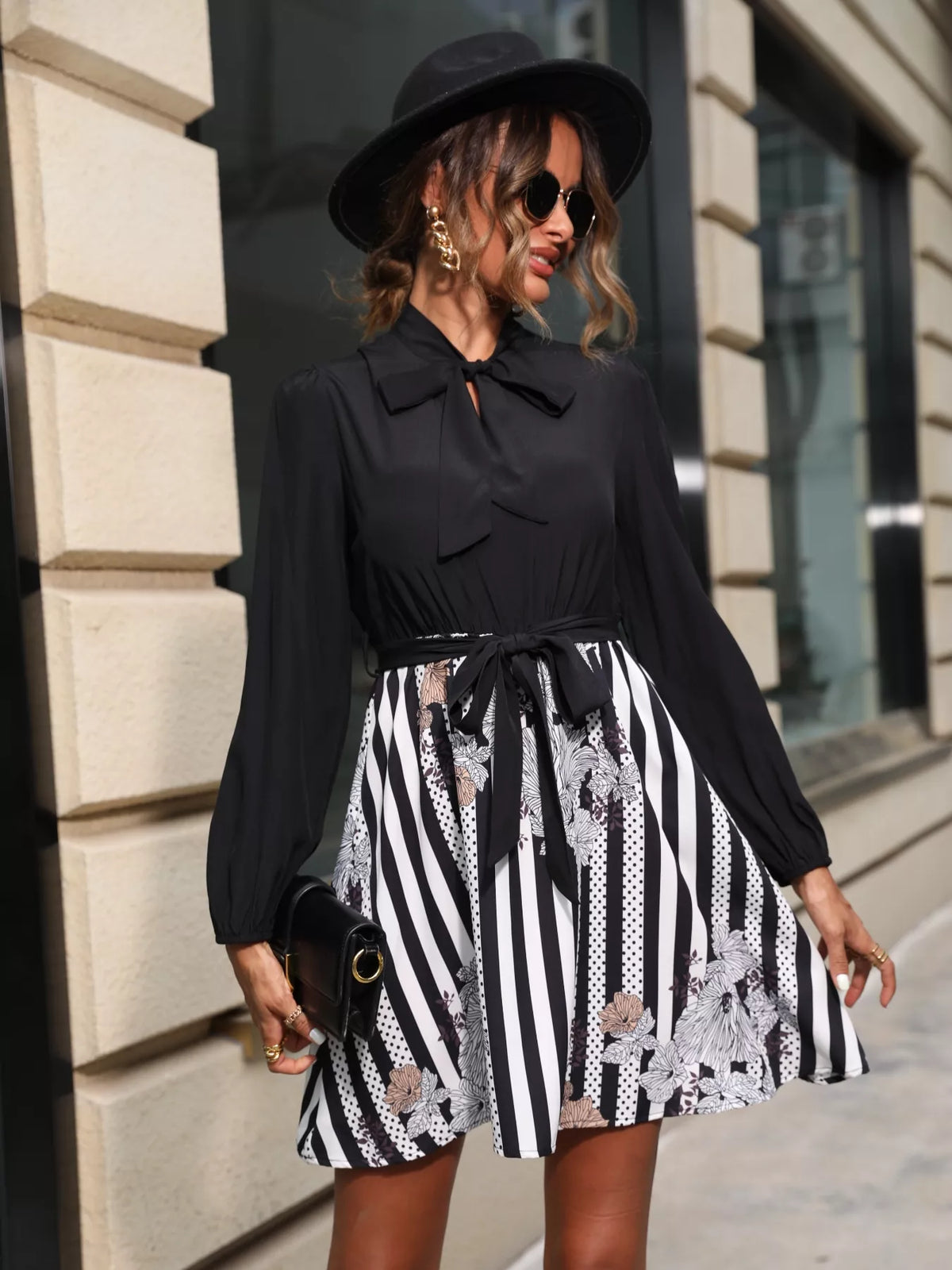 Striped Tie Front Long Sleeve Mini Dress