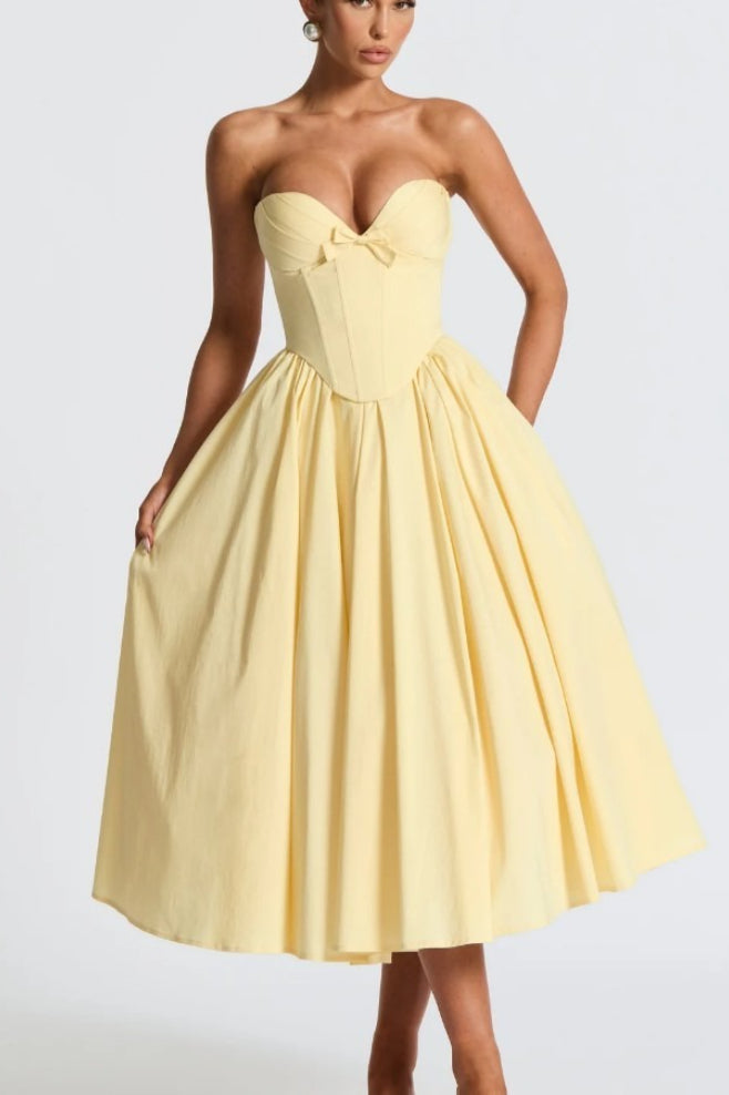 Strapless Bow Corset Satin Fit and Flare Midi Dress