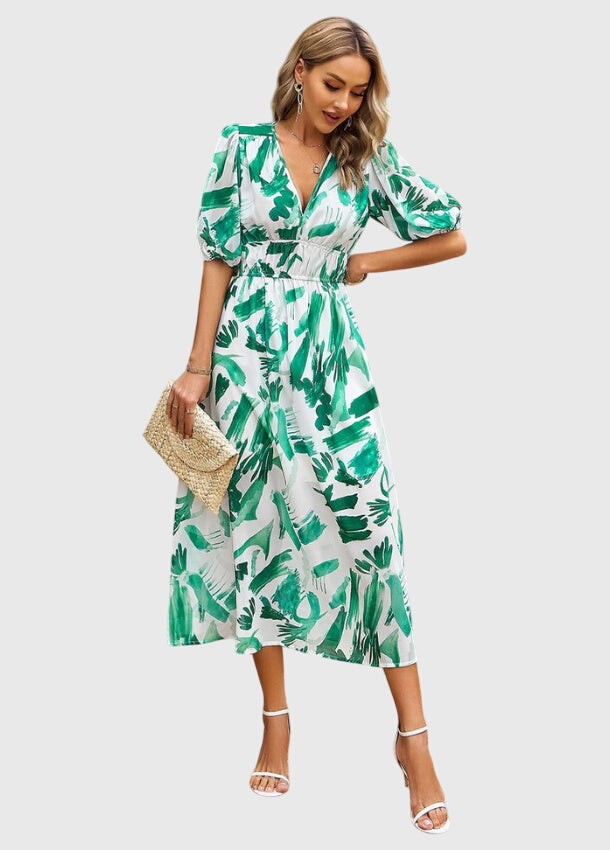 Floral Chiffon Deep V-Neck Puff Sleeve Smocked Maxi Dress 9