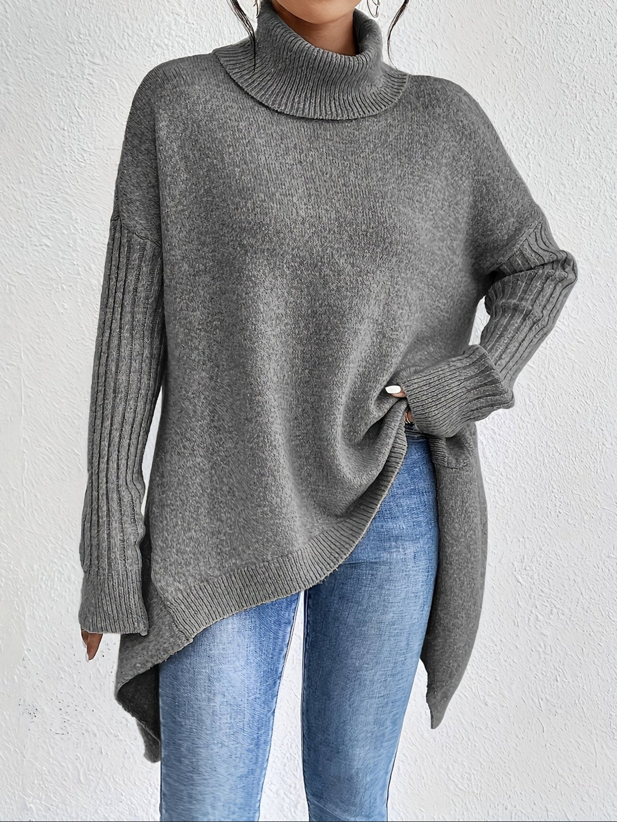 Turtleneck Oversized High Low Tunic Sweater