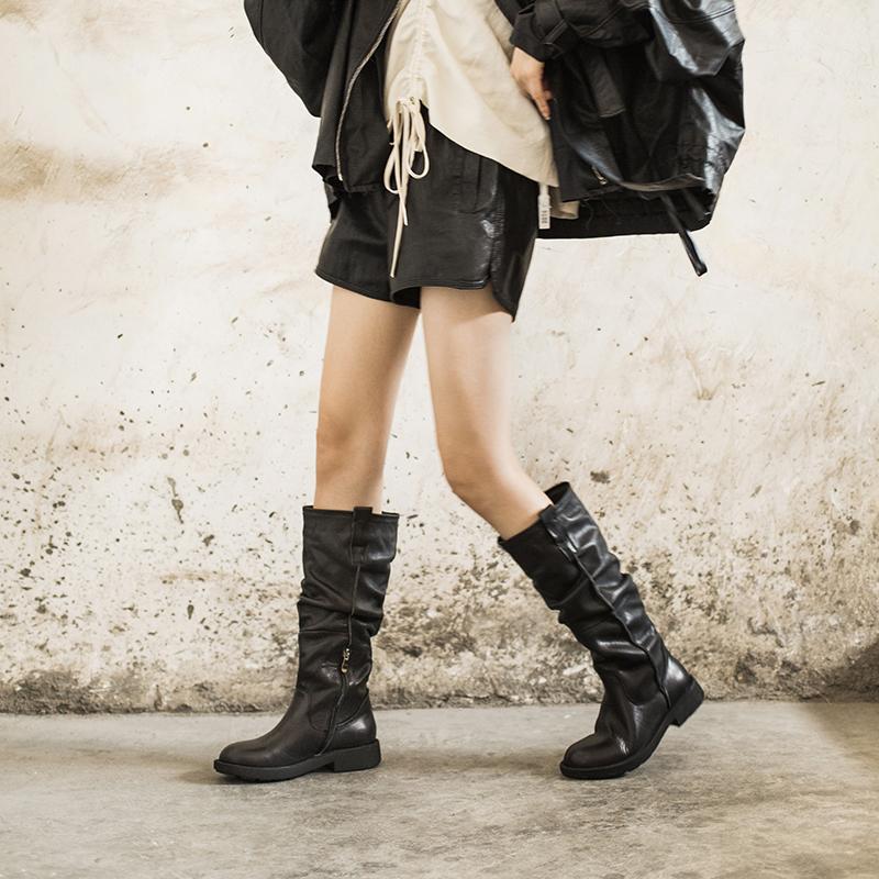 Waxing��Leather Knee High Boots Fold Design Riding Boots Black/Brown