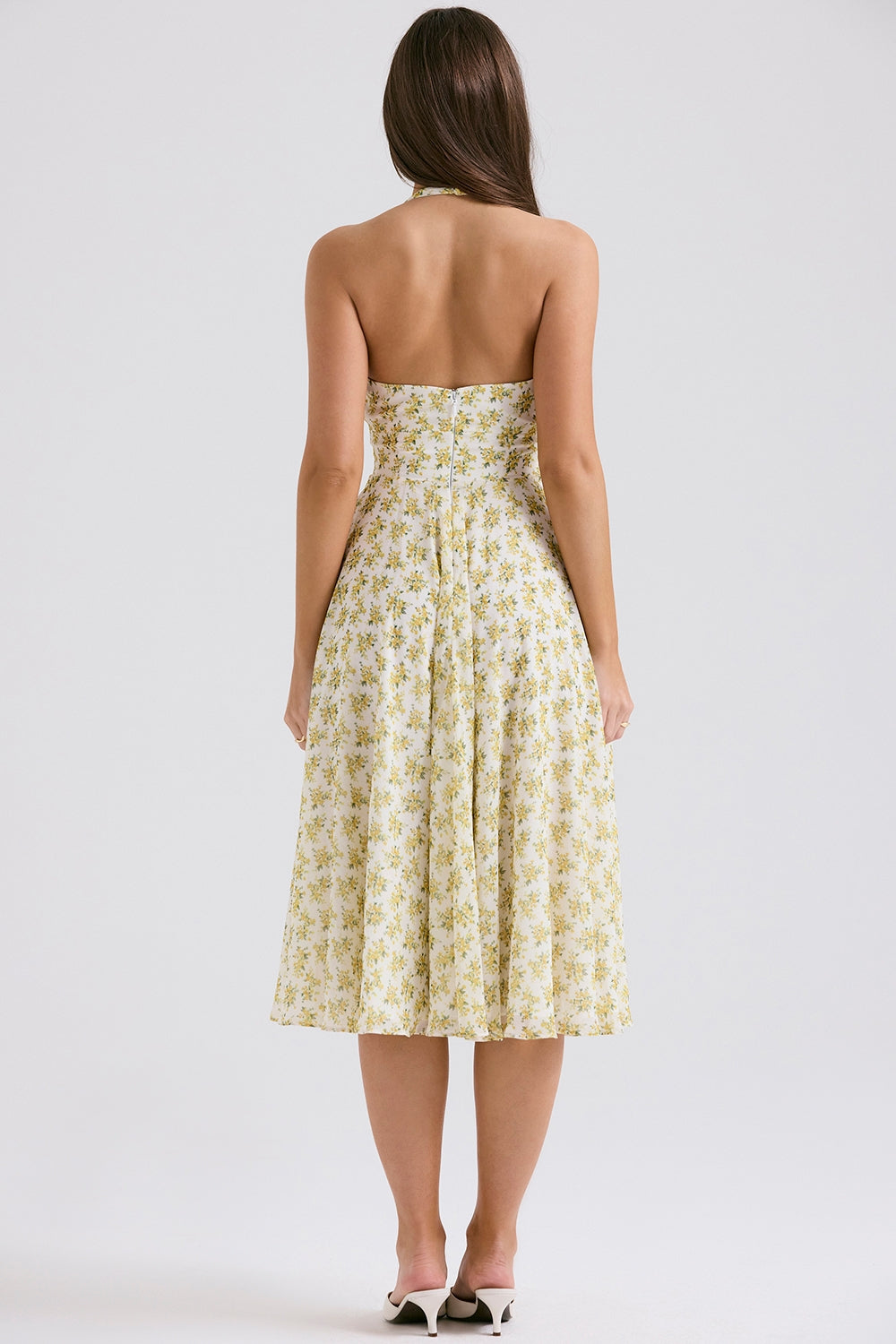 Ditsy Floral Halter Neck Plunge Fit and Flare Midi Dress 8
