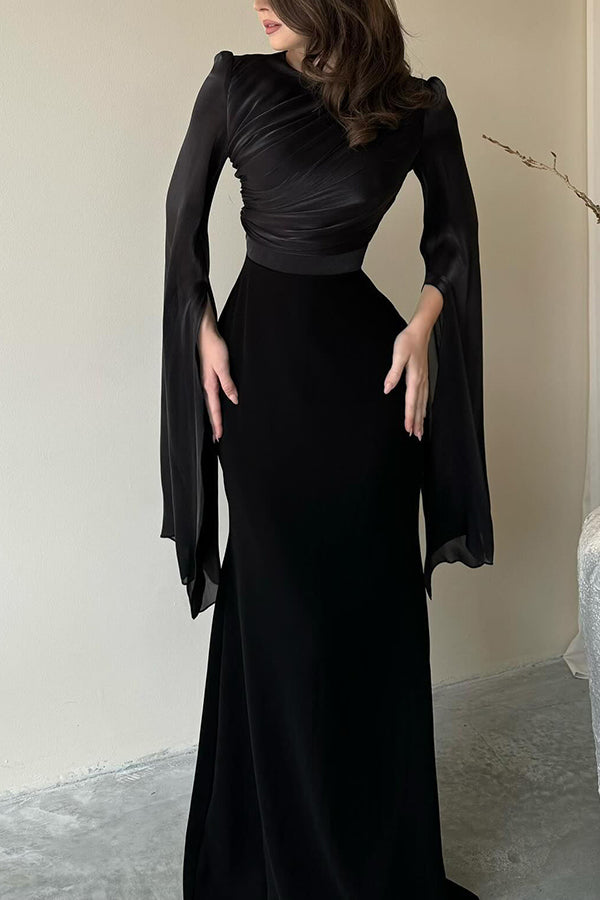 Liora Ruched Organza Satin Patchwork Long Bell Slit Maxi Dress - View 23