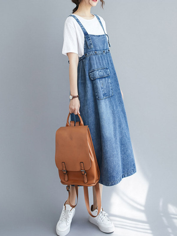 Denim Bib Strap Cargo Pocket Loose Fit Midi Overall Dress
