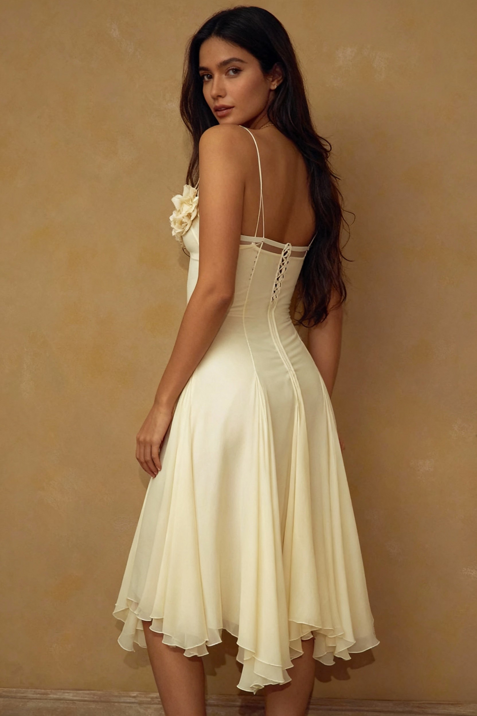 Chiffon Spaghetti Strap Deep V-Neck Rosette Fit and Flare Midi Dress