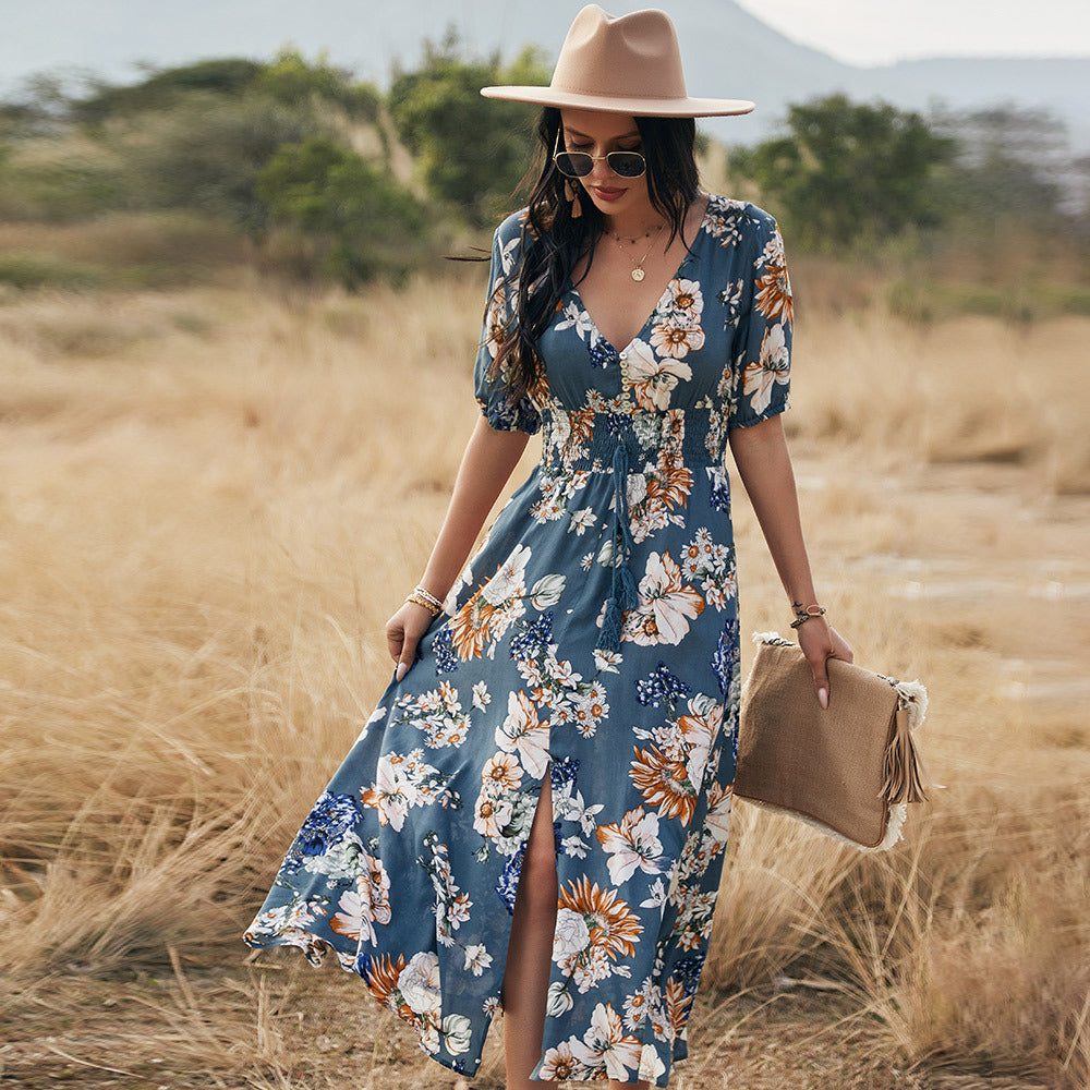 V-Neck Button Front Smocked Drawstring Waist Short Sleeve High Split Maxi Dress