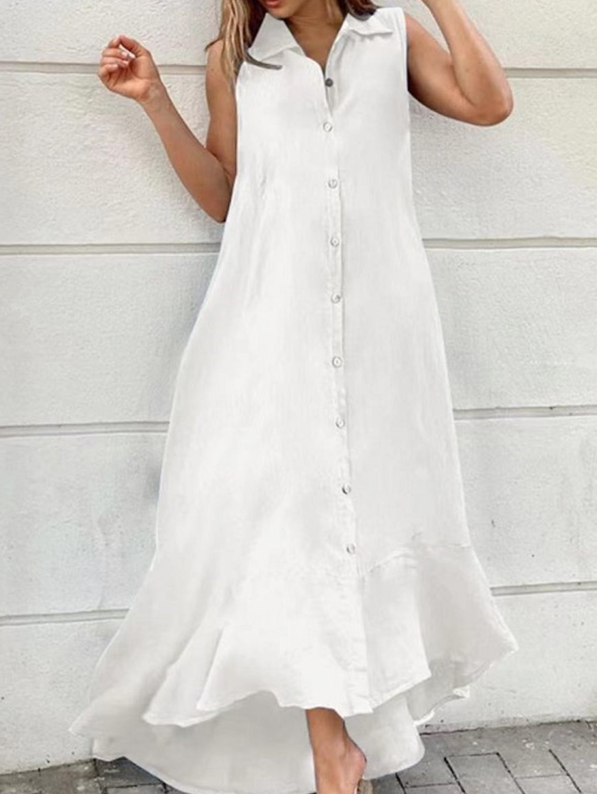 Sleeveless Collar Button Front Ruffle High Low Hem Maxi Dress