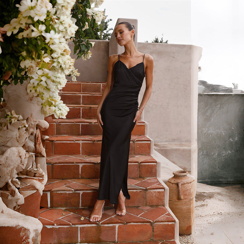 Spaghetti Strap Surplice V-Neck Ruched Side High Split Satin Maxi Dress