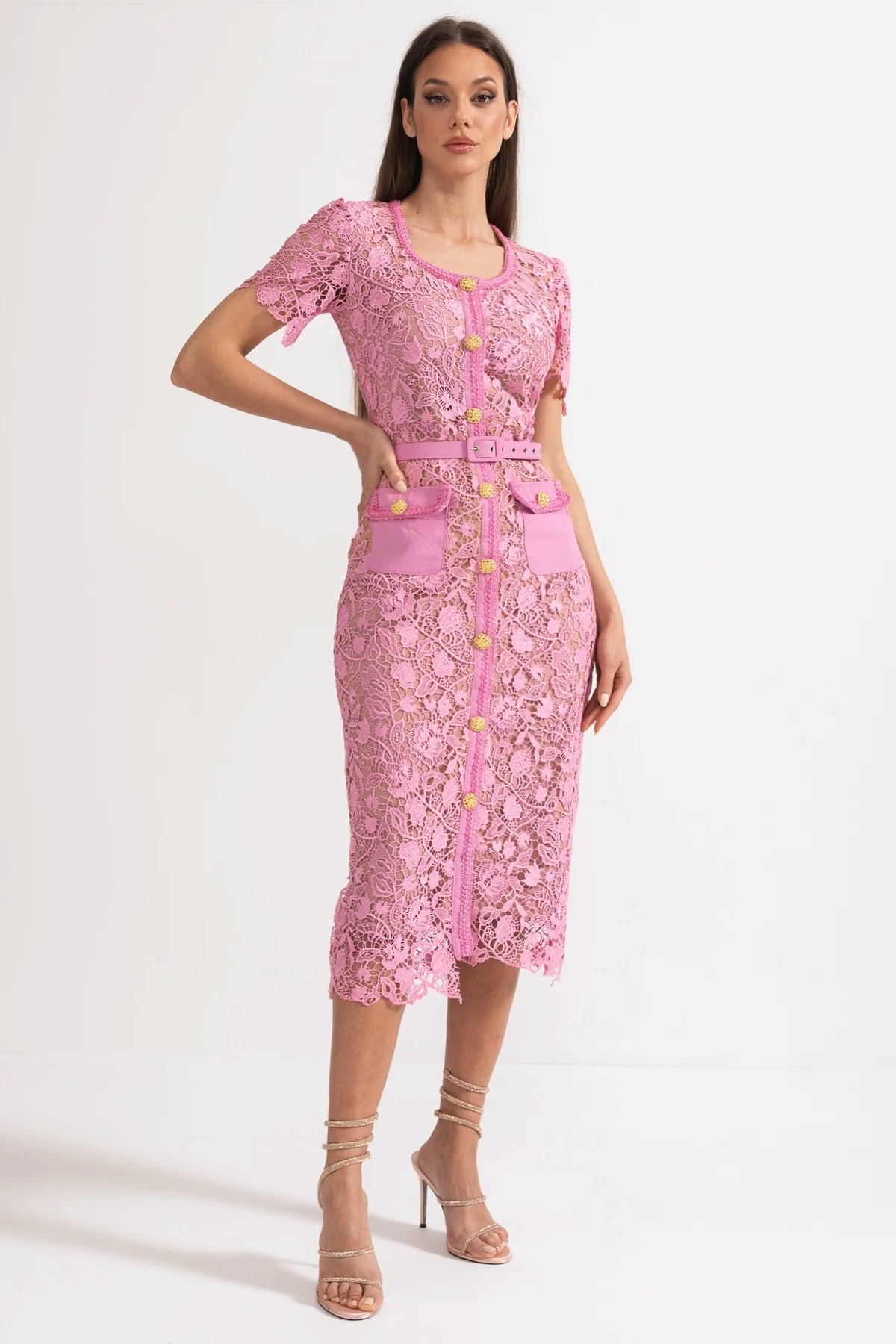 Lace Square Neck Short Sleeve Flap Pocket Jewel Button Belted Midi Dress 5