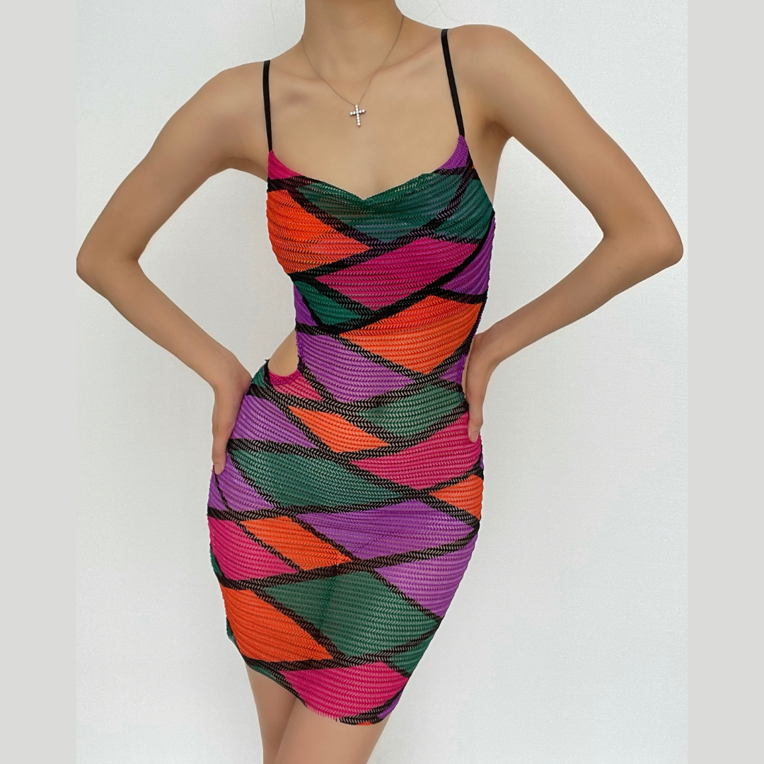 Crochet Mesh Geometric Waist Cut Out Spaghetti Strap Bodycon Mini Dress