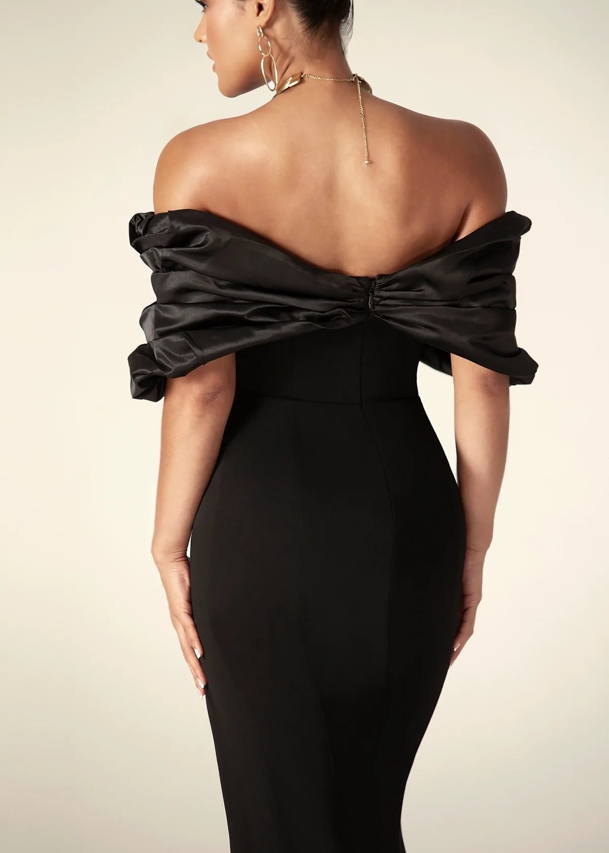 Satin Off Shoulder Sweetheart Ruffle Bodice High Split Column Maxi Gown