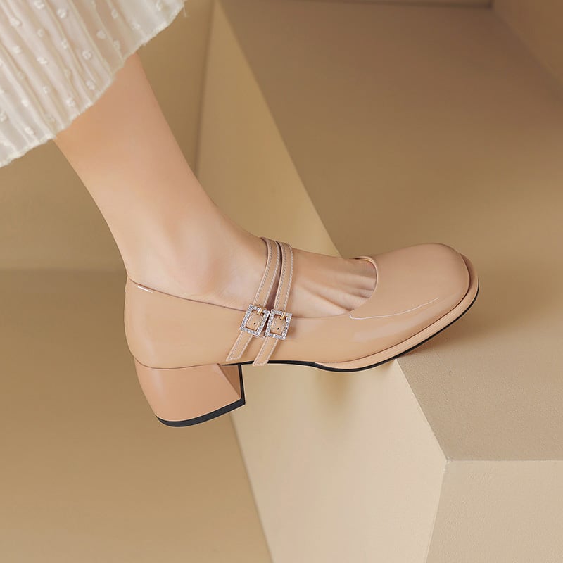 Satara Square Toe Block Heels Mary Jane Shoes