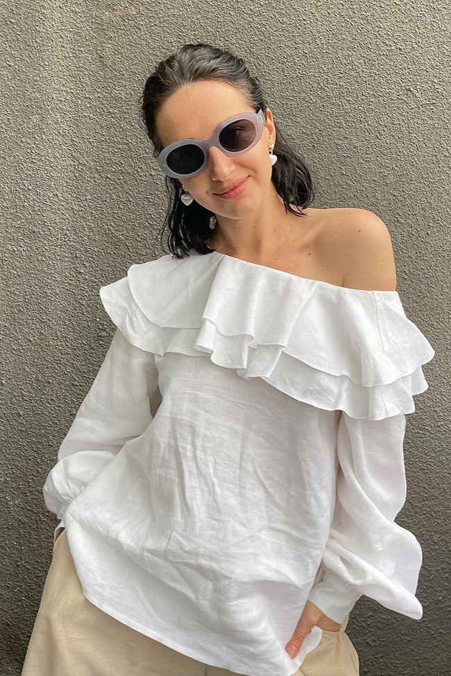 One Shoulder Tiered Ruffle Long Sleeve Linen-Look Blouse 3