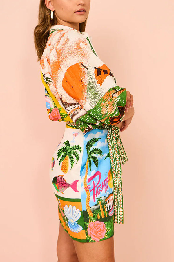 Scenic Print Puff Sleeve Shirt and Belted Mini Skirt Two Piece Set