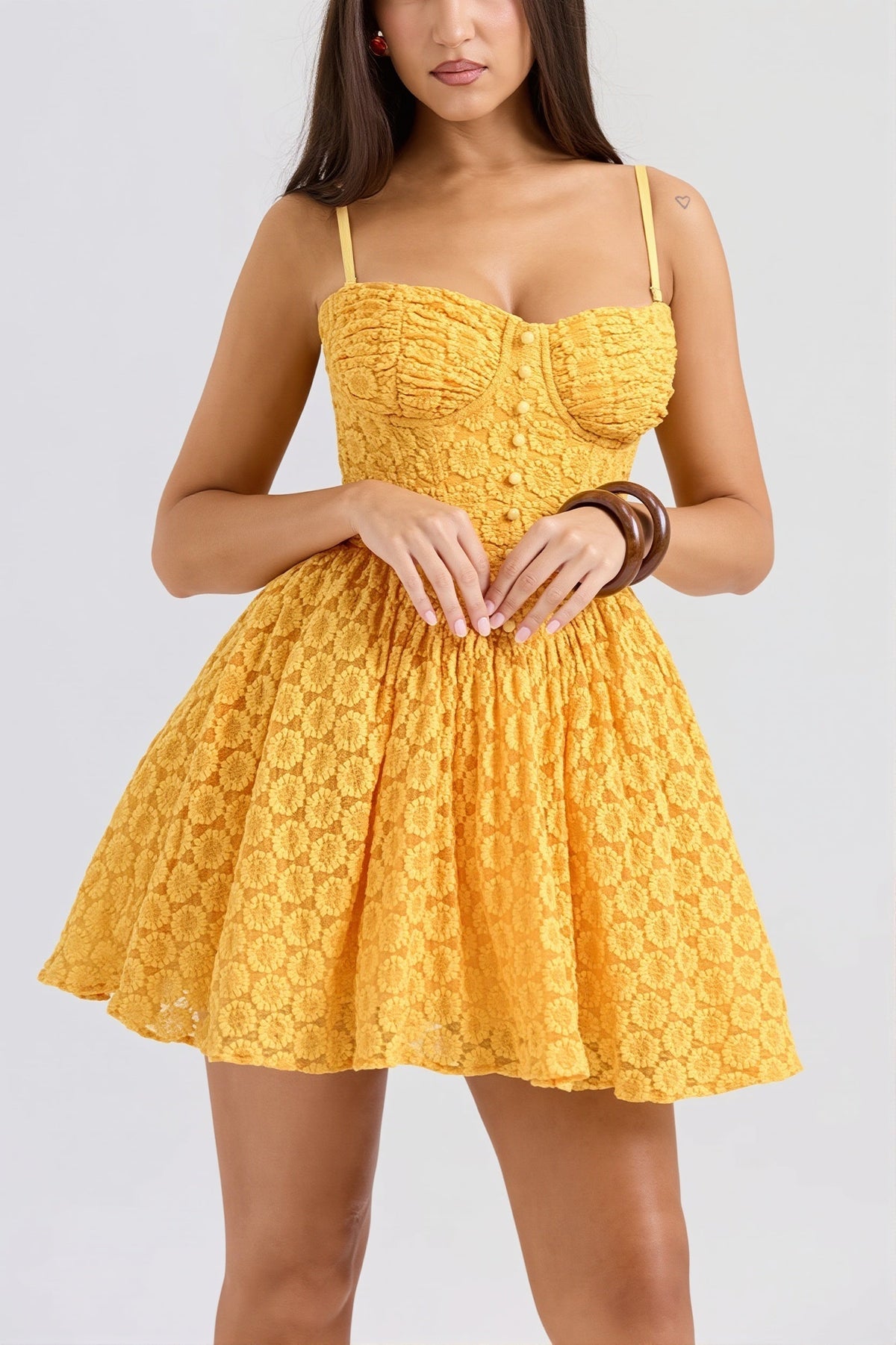Floral Lace Spaghetti Strap Button Front Corset Bodice Puff Skirt Mini Dress 2