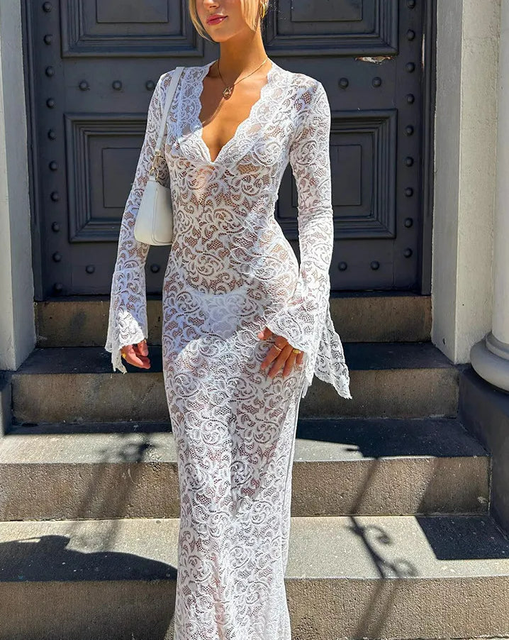 Sheer Lace Scalloped V-Neck Flare Sleeve Bodycon Maxi Dress