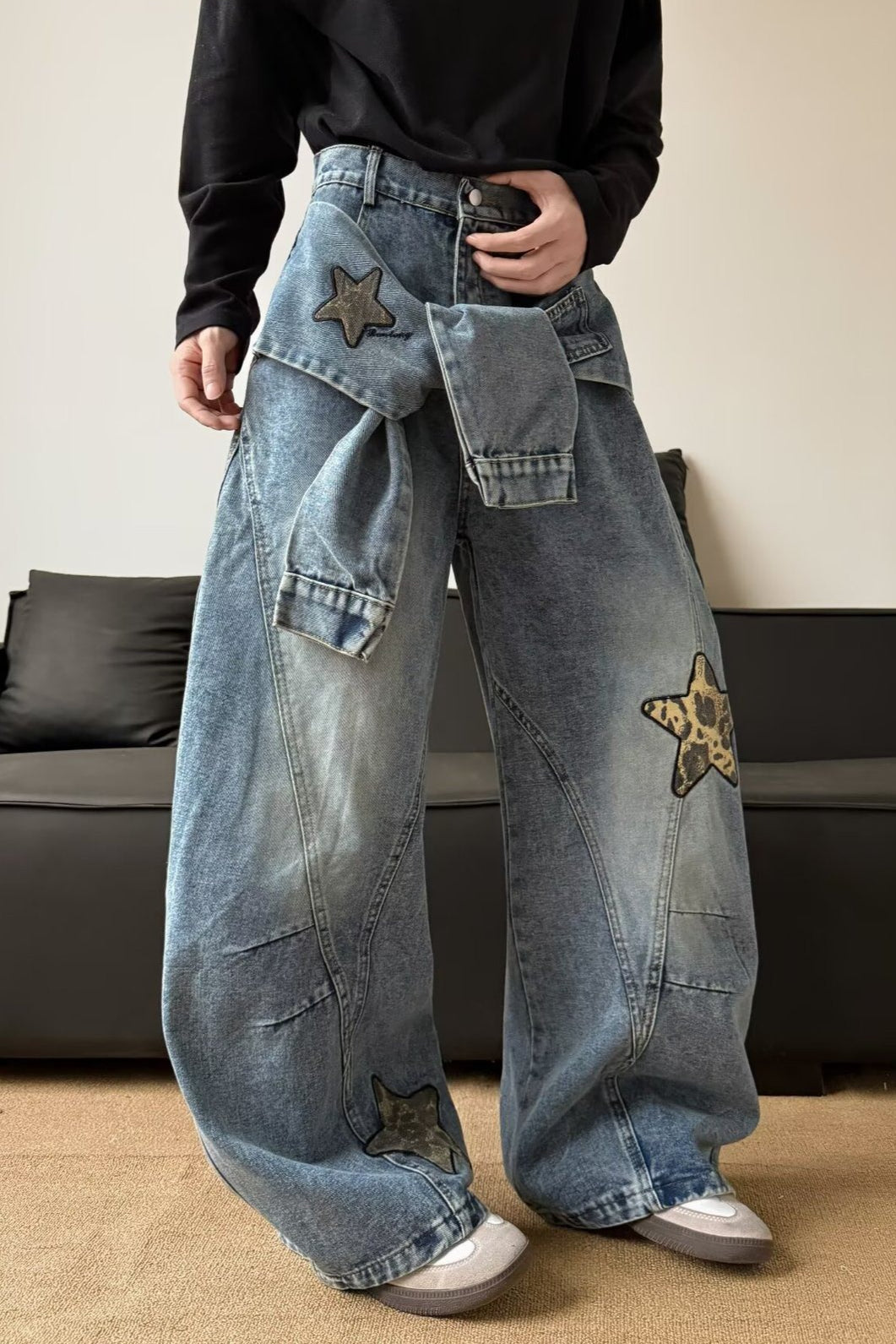 Vintage Washed Patchwork Wide-Leg Denim Jeans