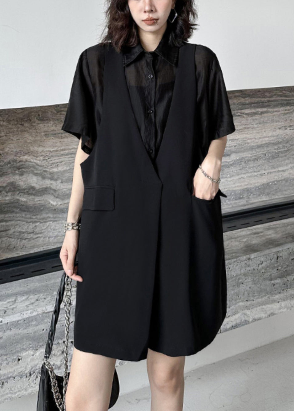 Faux Two-Piece Sheer Button Front Shirt Sleeveless Pocket Vest Midi Dress