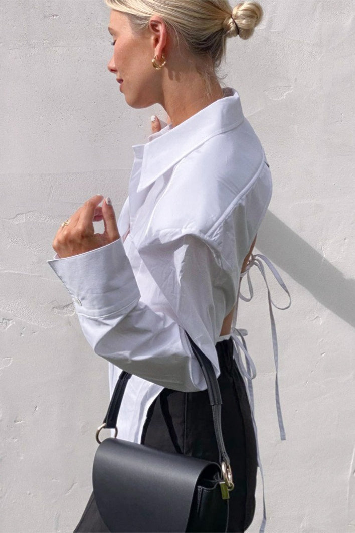 Collared Padded Shoulder Gathered Waist Button Front Pocket Shirt 4