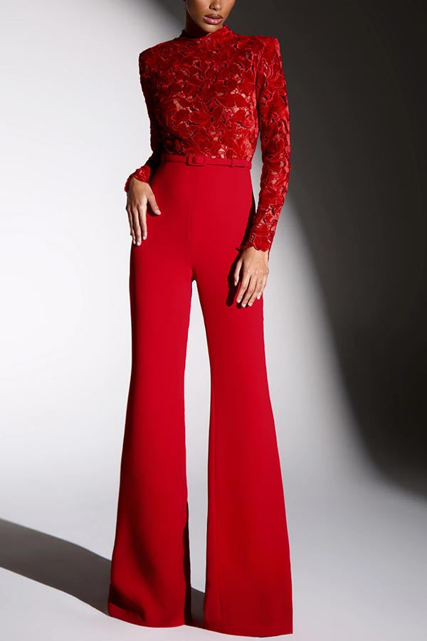 Floral Lace Long Sleeve High Neck Belted Flare Jumpsuit
