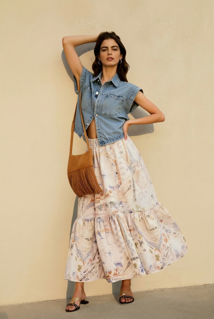 Boho Paisley Print Elastic Waist Tiered Ruffle Hem Midi Skirt