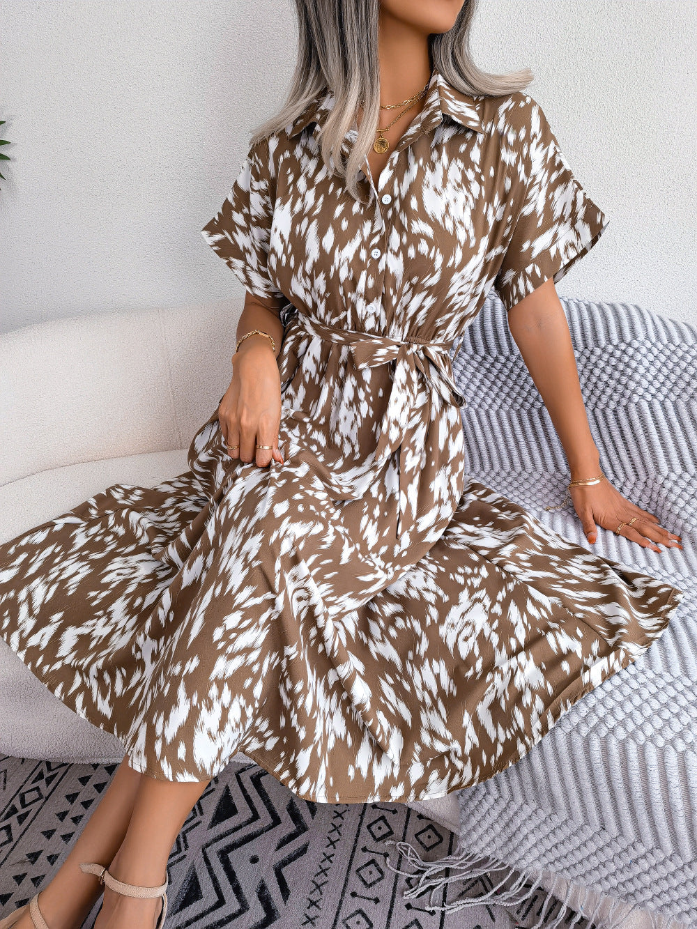 Printed Collared Neck Short Sleeve Tie Waist Dress Taupe