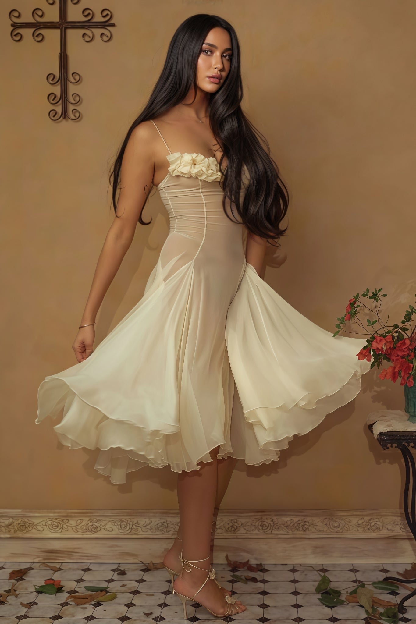 Thadt Yellow Strapless Mesh Midi Dress - View 6