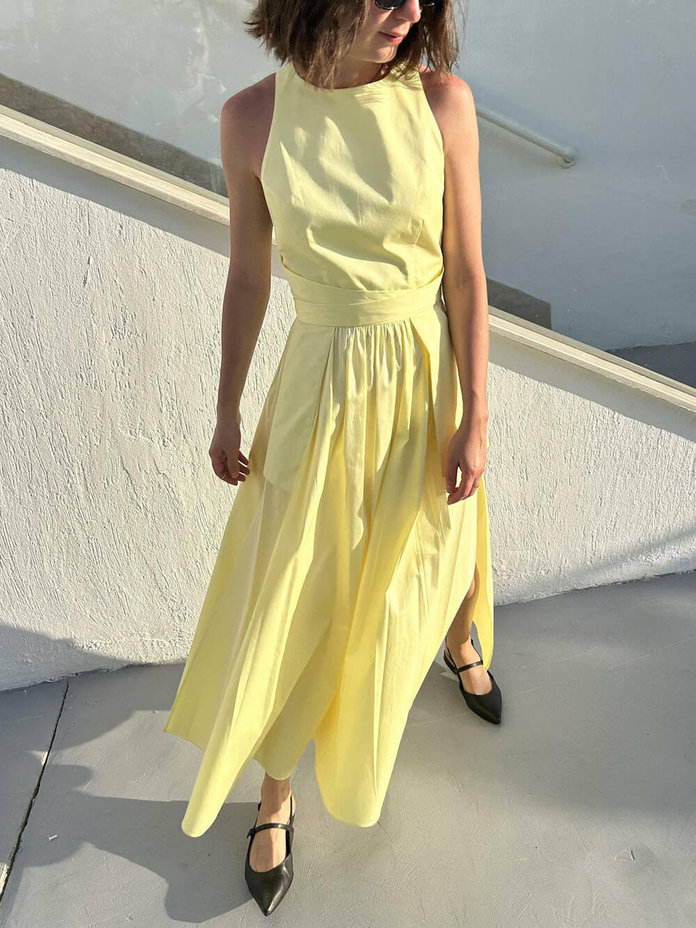 Spaghetti Strap Square Neck Tie Belt Side Pocket Maxi Dress