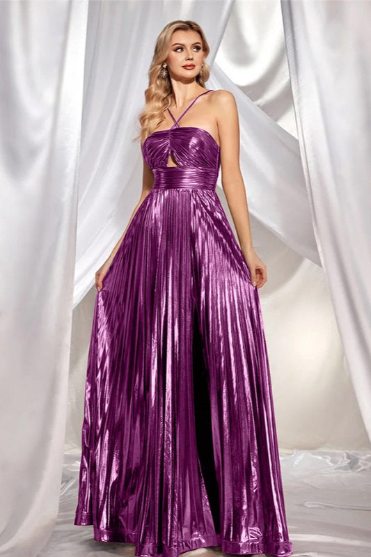 Pleated Cut Out High Split A-Line Maxi Gown