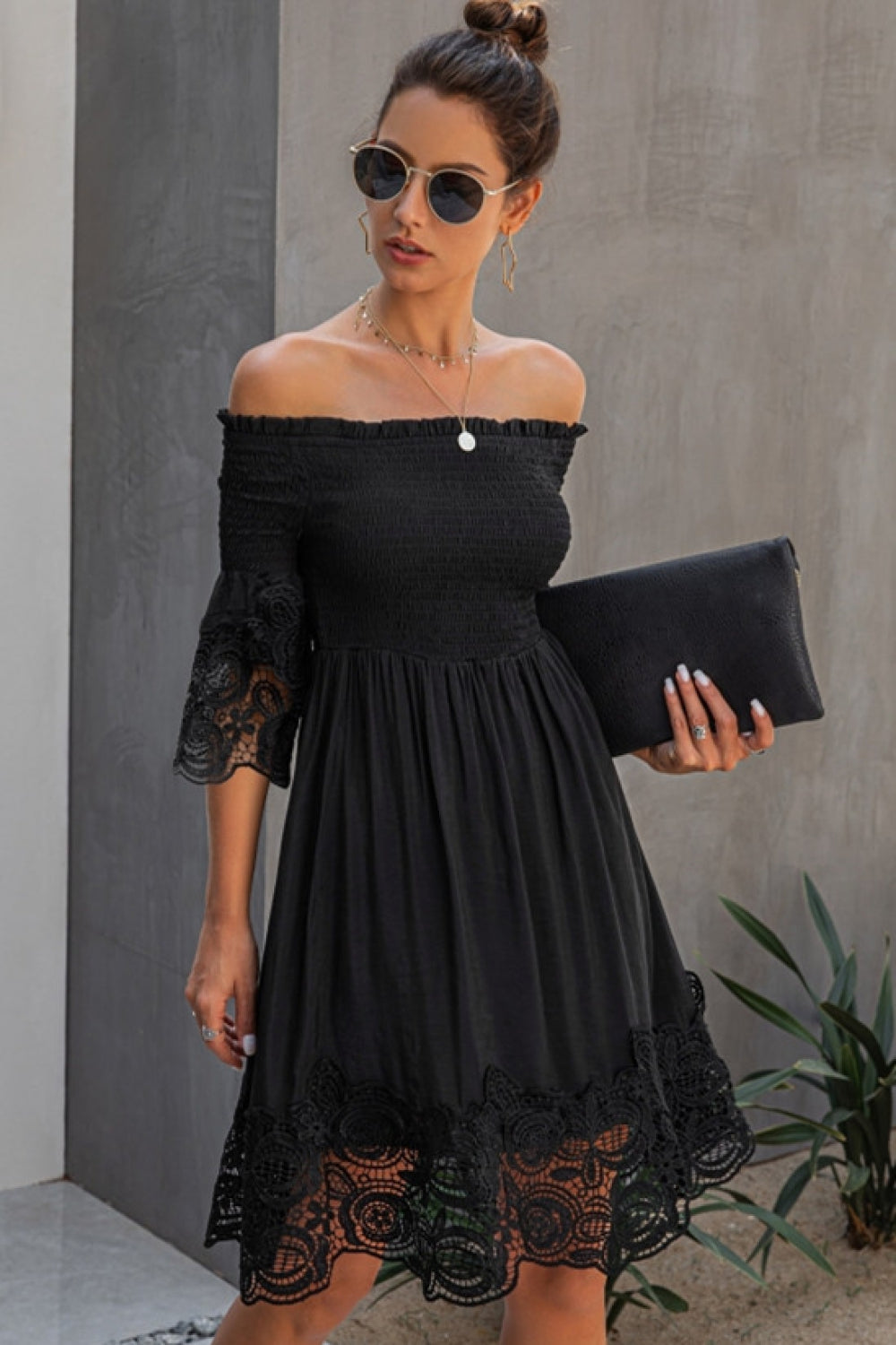 Off The Shoulder Plain Lace Dress