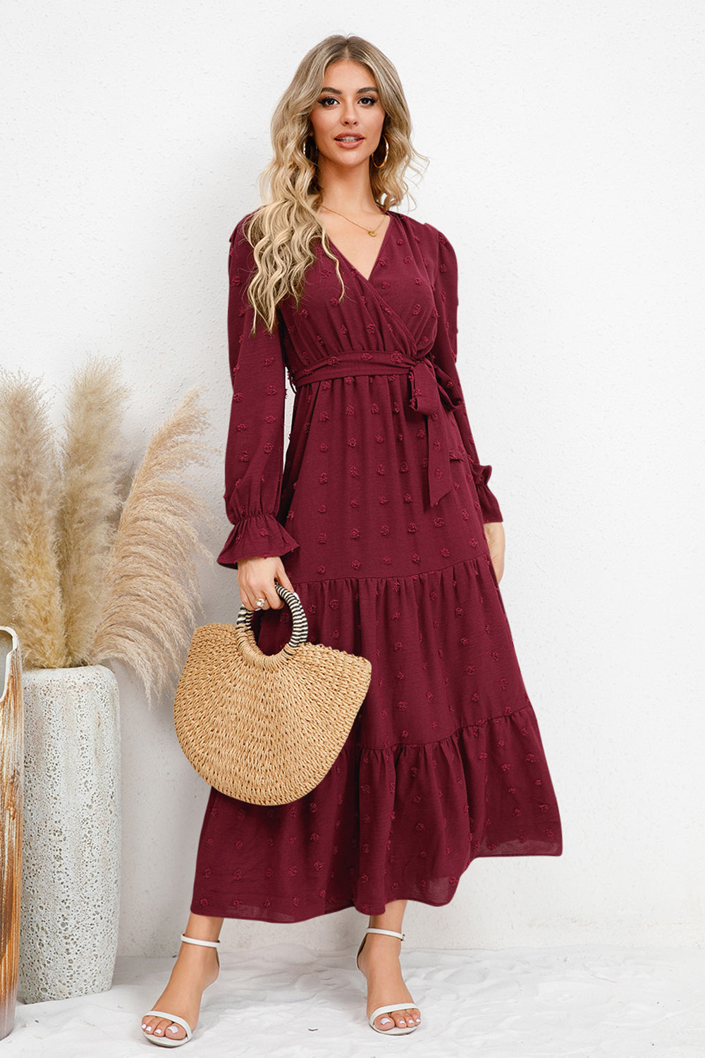 Swiss Dot Tied Surplice Flounce Sleeve Dress Wine
