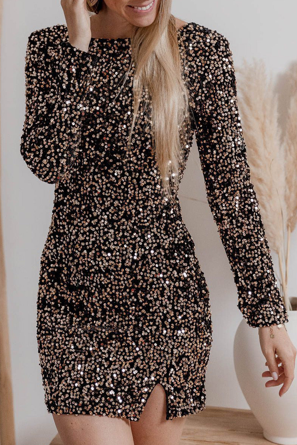 Sequin Round Neck Long Sleeve Bodycon Mini Dress