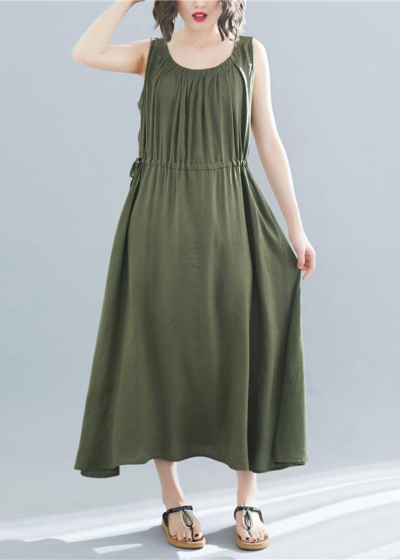 Round Neck Sleeveless Gathered Waist Pocket A-Line Summer Maxi Dress