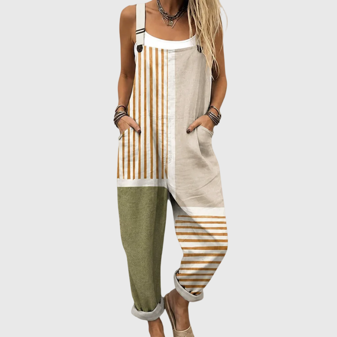 Sleeveless Stripe Patchwork Pocket Overall Jumpsuit