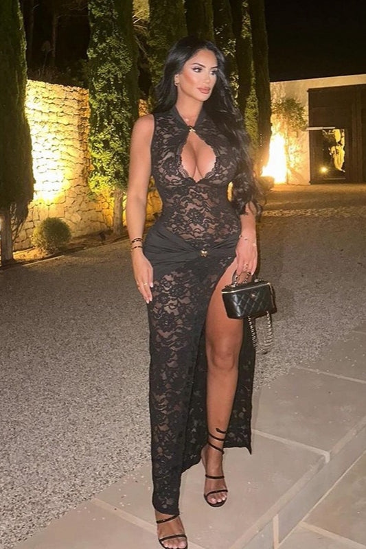 Lace Trim Black Cutout Slit Sleeveless Fit Lace Dress