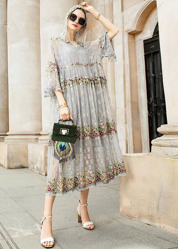Boutique Grey V Neck Embroidered Tulle Dresses Two Pieces Set - View 4