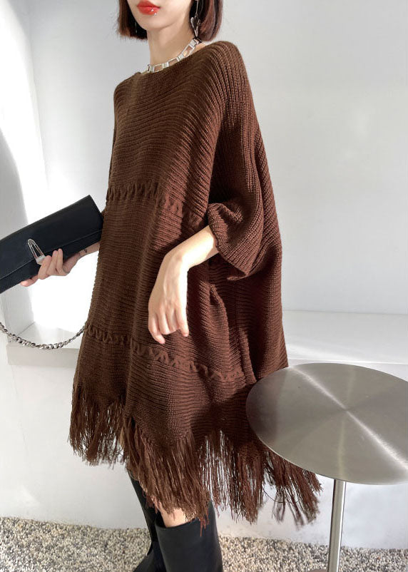 Knit Tassel Fringe Batwing Sleeve Oversized Mini Sweater Dress
