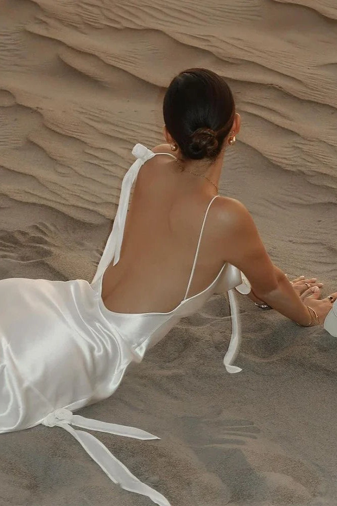 Elegant White Satin Backless Maxi Dress 7