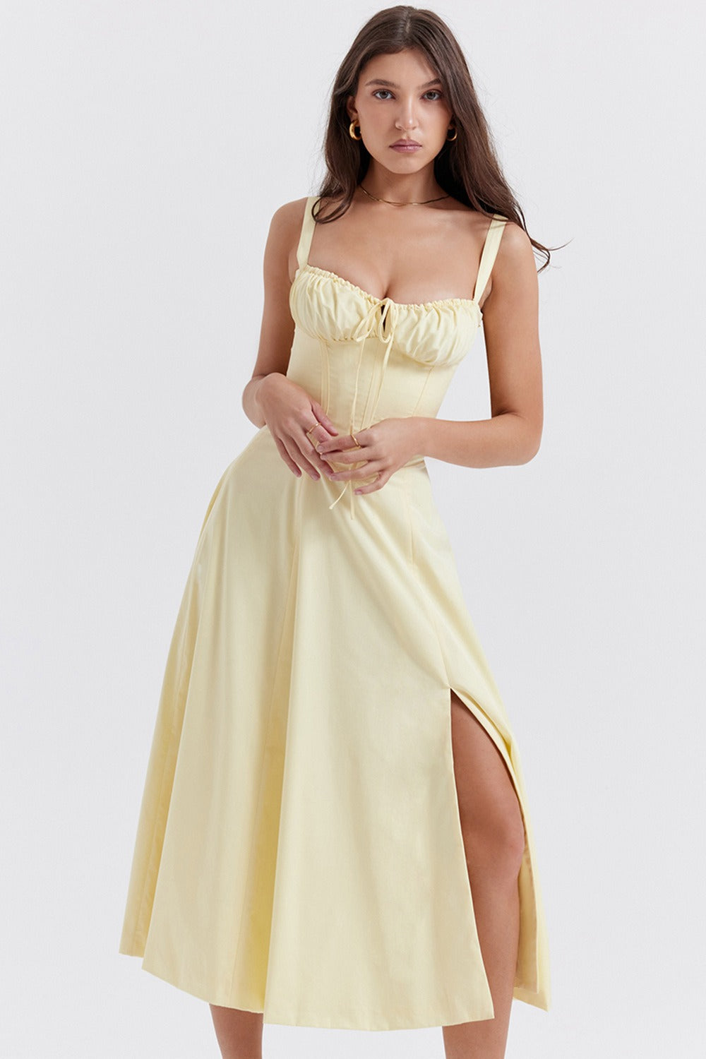 Spaghetti Strap Sweetheart High Split Bustier Midi Dress