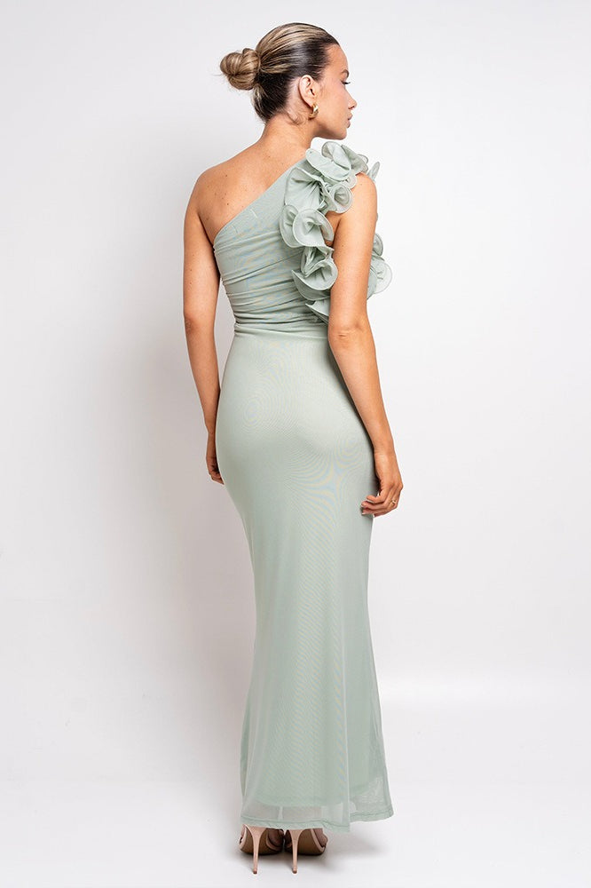 One Shoulder 3D Floral Cut Out Ruched Bodycon Maxi Dress