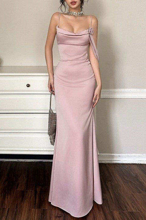 Satin Cowl Neck Spaghetti Strap Rosette Mermaid Maxi Gown